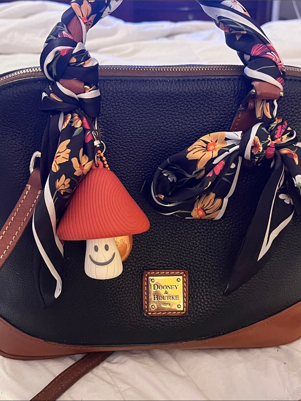 Dooney & Bourke Black Pebble Leather Satchel with Floral Scarf Accent
